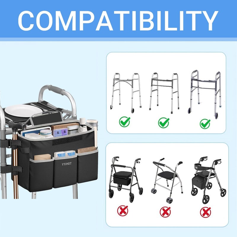 Ytonet Walker Basket with Tray, Detachable Walker Tray for Folding Walkers, Large Capacity Storage Basket with Phone and Crutch Holder, Water-Resistant Non-slip Walkers Accessories for Seniors (Black) - Image 2